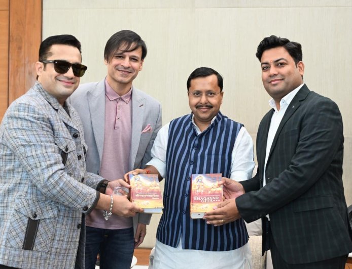 Dr Vivek Bindra, Vivek Oberoi And Dr Arvind Dwivedi Meet BJP President Nitin Nabin Over Bhagwat Geeta Recognition