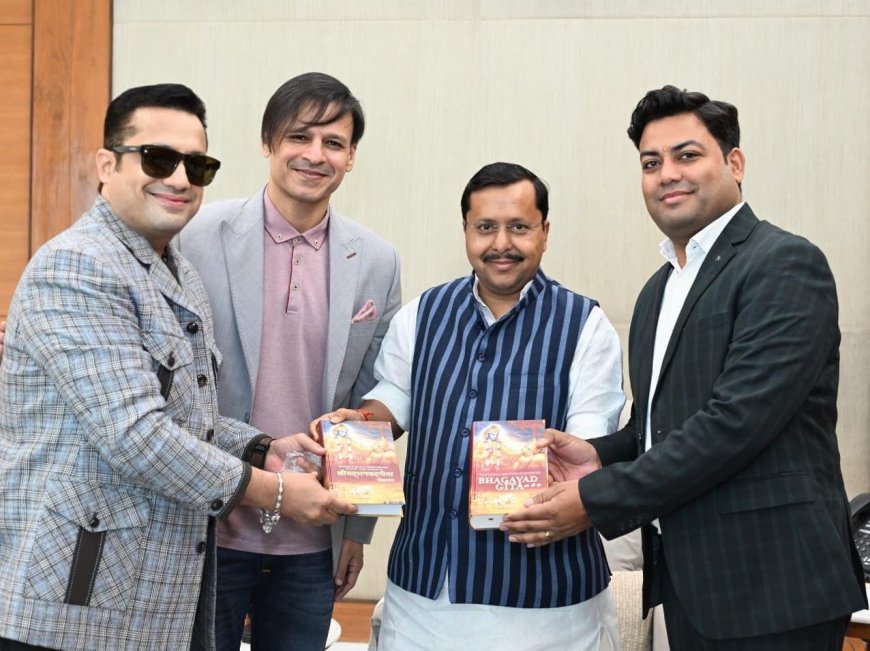Dr Vivek Bindra, Vivek Oberoi And Dr Arvind Dwivedi Meet BJP President Nitin Nabin Over Bhagwat Geeta Recognition